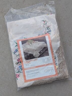 Vintage Hand Embroidered Cross Stitch Tablecloth White with Multicolor Floral